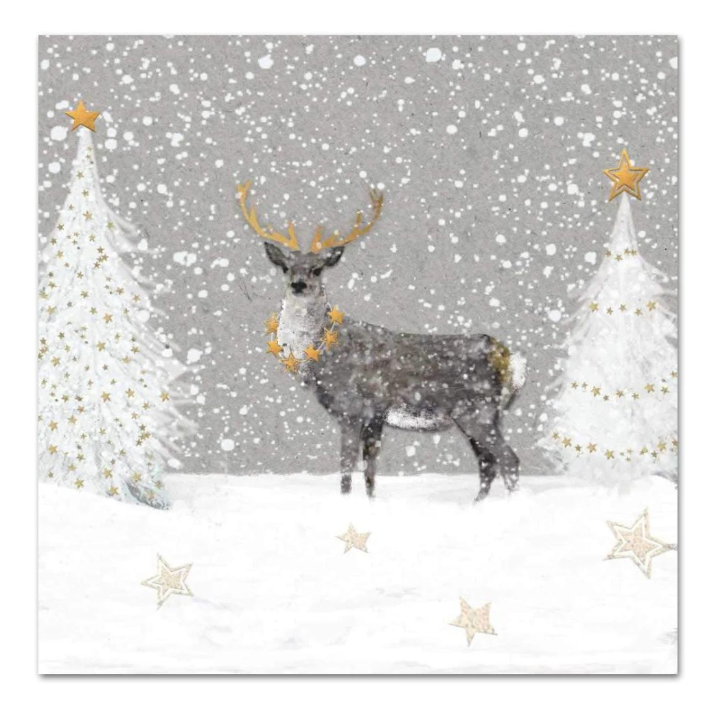 Deer stag, grey in snow forest. Quality European Decoupage Decorative Craft Paper Napkins. 3 ply. Ideal for Decoupage Paper for Collage, Scrapbooking.