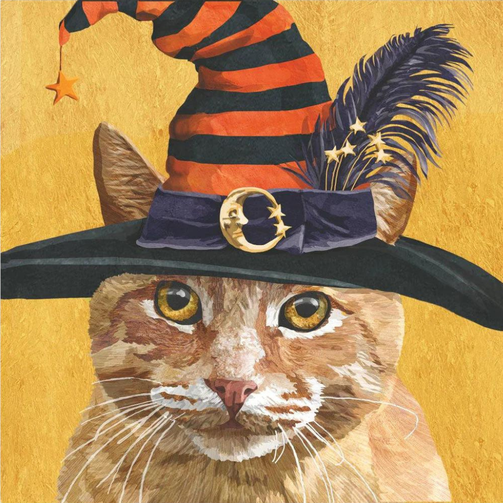 Orange tabby Cat in witch hat. Quality European Decoupage Decorative Craft Paper Napkins. 3 ply. Ideal for Decoupage Paper for Collage, Scrapbooking.
