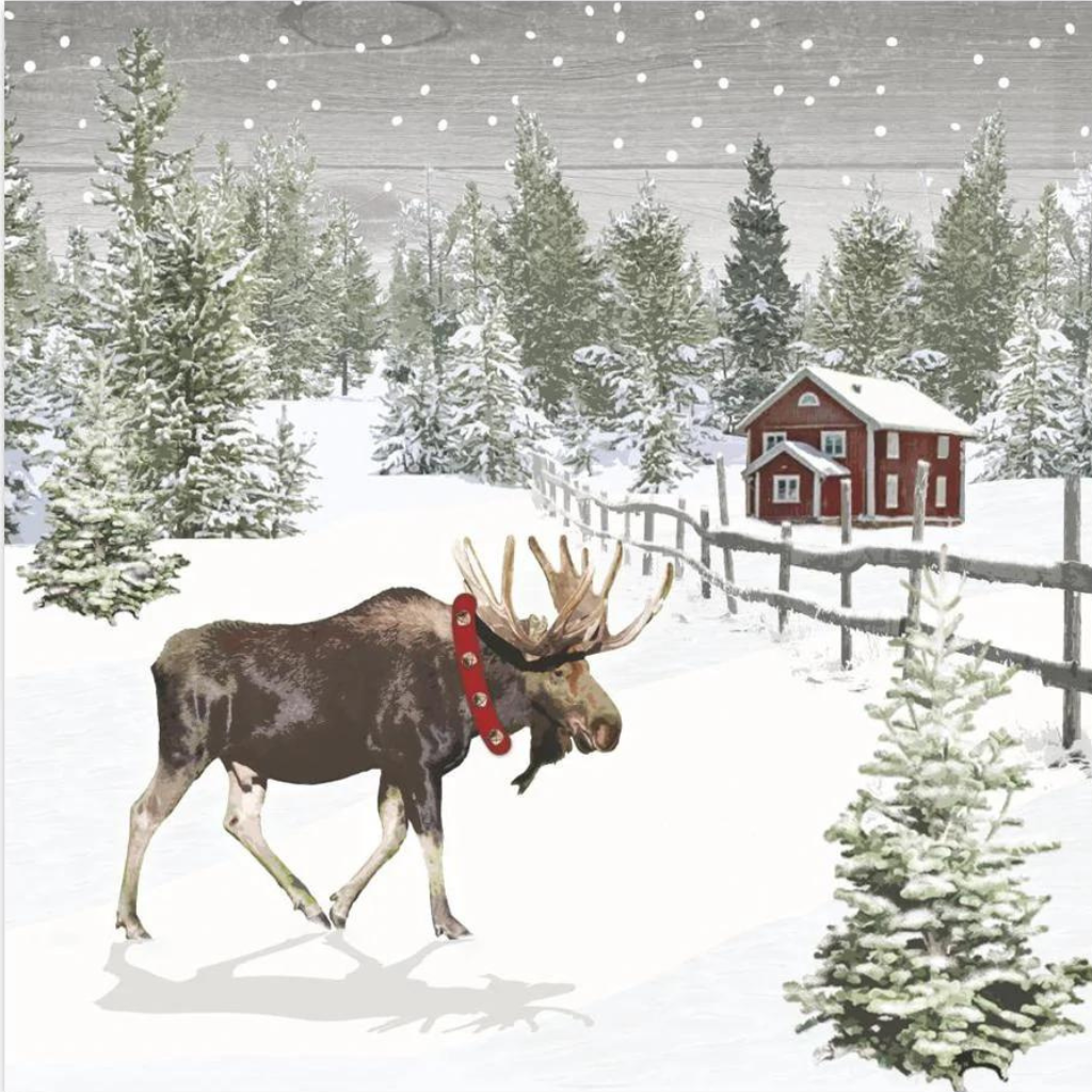 Moose in snow on farm. Quality European Decoupage Decorative Craft Paper Napkins. 3 ply. Ideal for Decoupage Paper for Collage, Scrapbooking.