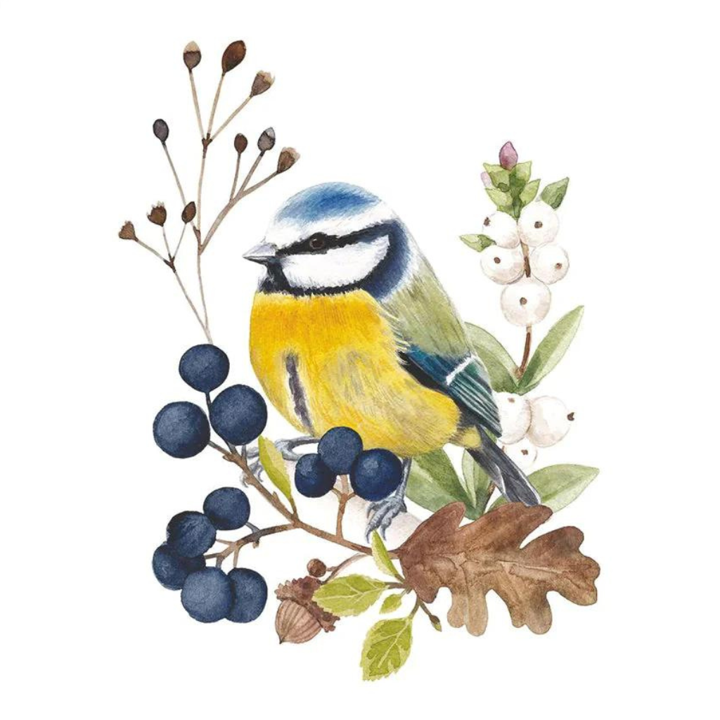 Yellow breasted sparrow on blueberry branch. Quality European Decoupage Decorative Craft Paper Napkins. 3 ply. Ideal for Decoupage Paper for Collage, Scrapbooking.