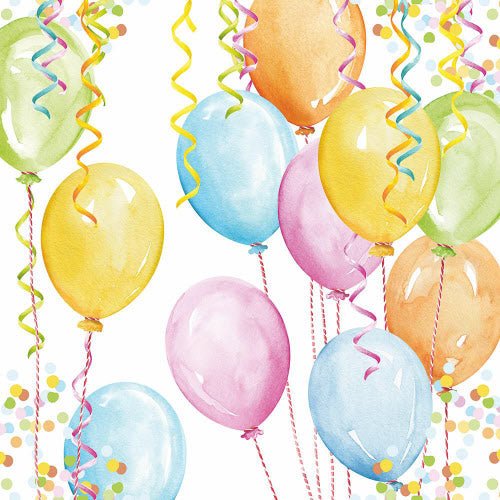 Multi color ballons and streamers. European Decoupage Craft Paper Napkins of exceptional quality. 3 ply. Ideal decorative craft paper Decoupage