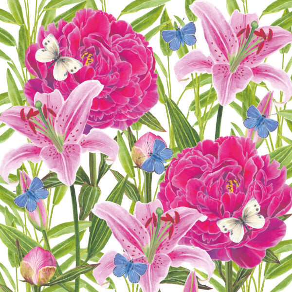 Pink peonies and lillies with green leaves. European Decoupage Craft Paper Napkins of exceptional quality. 3 ply. Ideal decorative craft paper Decoupage