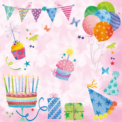 Pink birthday pattern. Cake, balloons, cupcakes. European Decoupage Craft Paper Napkins of exceptional quality. 3 ply. Ideal decorative craft paper Decoupage
