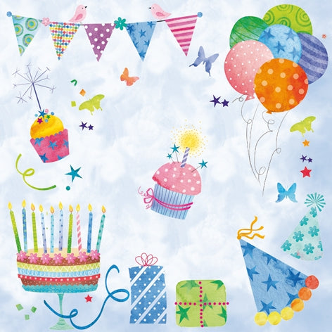 Birthday theme blue. Candles, cupcakes, cake, balloons. European Decoupage Craft Paper Napkins of exceptional quality. 3 ply. Ideal decorative craft paper Decoupage
