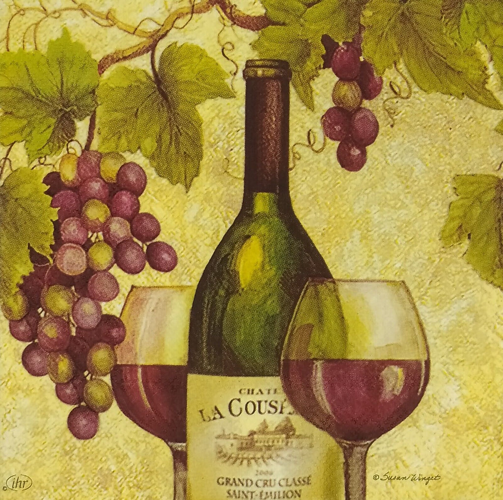 Vintage red grapes, wine and 2 glasses. European Decoupage Craft Paper Napkins of exceptional quality. 3 ply. Ideal decorative craft paper Decoupage