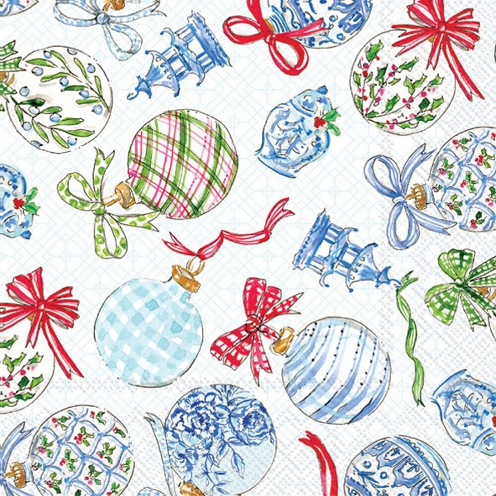 Blue and green Christmas ornaments with red bows. European Decoupage Craft Paper Napkins of exceptional quality. 3 ply. Ideal decorative craft paper Decoupage