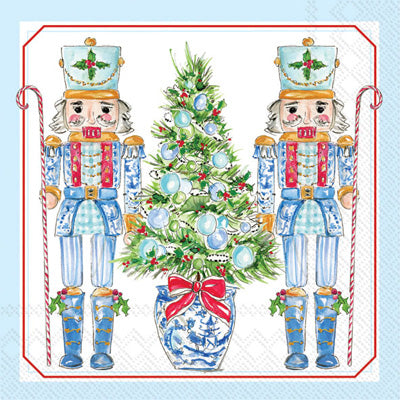 2 Blue nutcracker soldiers and Christmas tree. European Decoupage Craft Paper Napkins of exceptional quality. 3 ply. Ideal decorative craft paper Decoupage