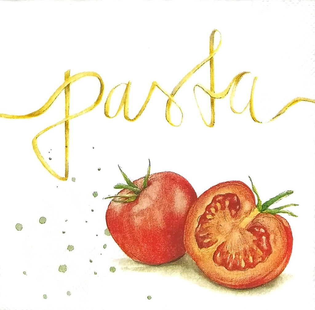Sliced red tomato with word "Pasta". European Decoupage Craft Paper Napkins of exceptional quality. 3 ply. Ideal decorative craft paper Decoupage