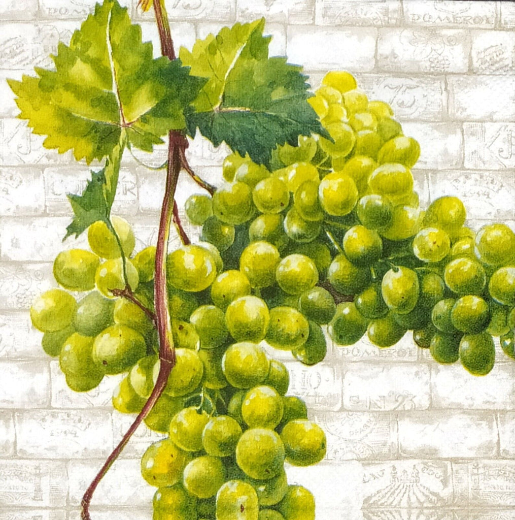 Green grapes against white brick wall. European Decoupage Craft Paper Napkins of exceptional quality. 3 ply. Ideal decorative craft paper Decoupage