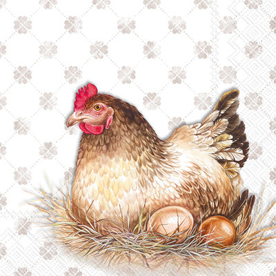 Large fat hen sitting on roost of brown eggs. European Decoupage Craft Paper Napkins.