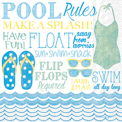Words about Pool Rules like splash and float. Blue polka dot flip flops and swimsuit. European Decoupage Craft Paper Napkins.