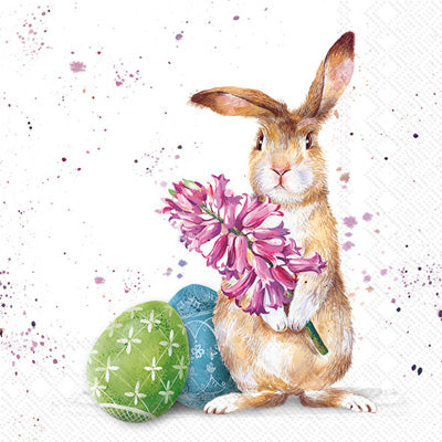 Brown bunny holding pink hyacinth flower with blue and green egg and paint splatters. European Decoupage Craft Paper Napkins.