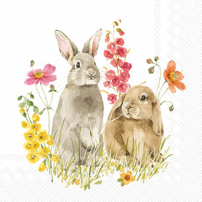 Two brown rabbits in pink and yellow flower field. European Decoupage Craft Paper Napkins.