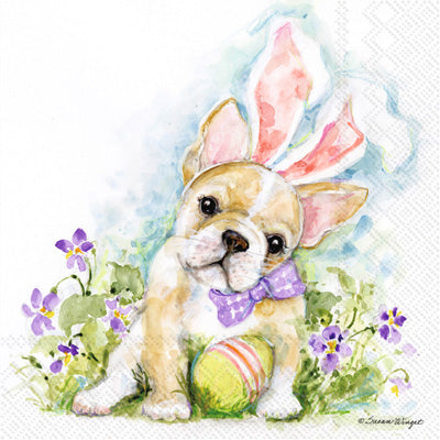 White bulldog in pink bunny ears holding egg in purple flowers. European Decoupage Craft Paper Napkins.