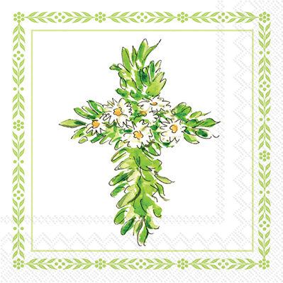 Green cross with white daisies in green frame. European Decoupage Craft Paper Napkins.
