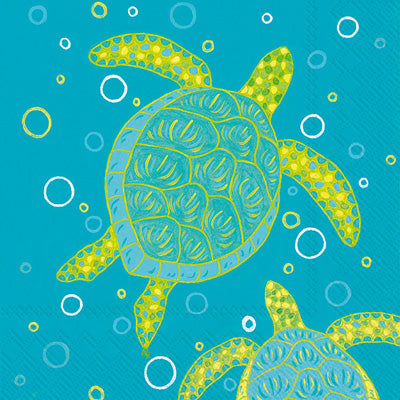 Yellow and Teal seal turtles in teal sea. European Decoupage Craft Paper Napkins.