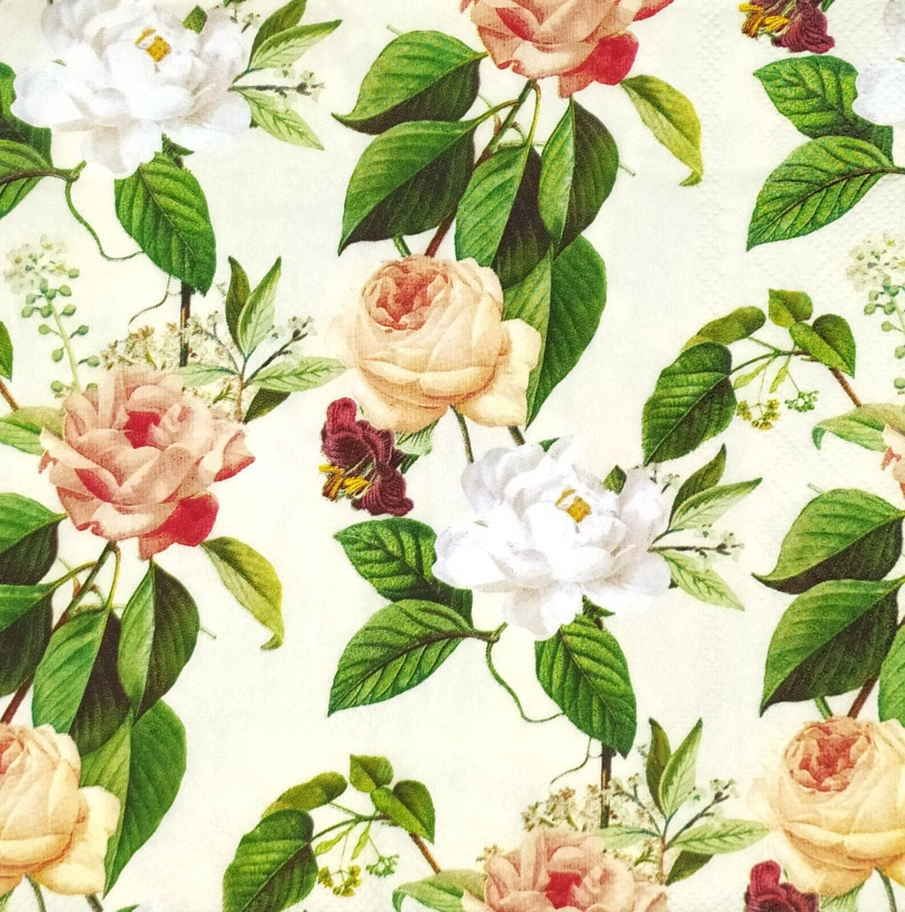 White and peach roses and green leaves on cream background. A decorative paper napkin for Decoupage crafting.