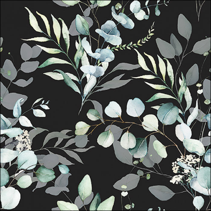 Green Eucalyptus and mint and light grey leaves  on black background. A decorative paper napkin for Decoupage crafting.