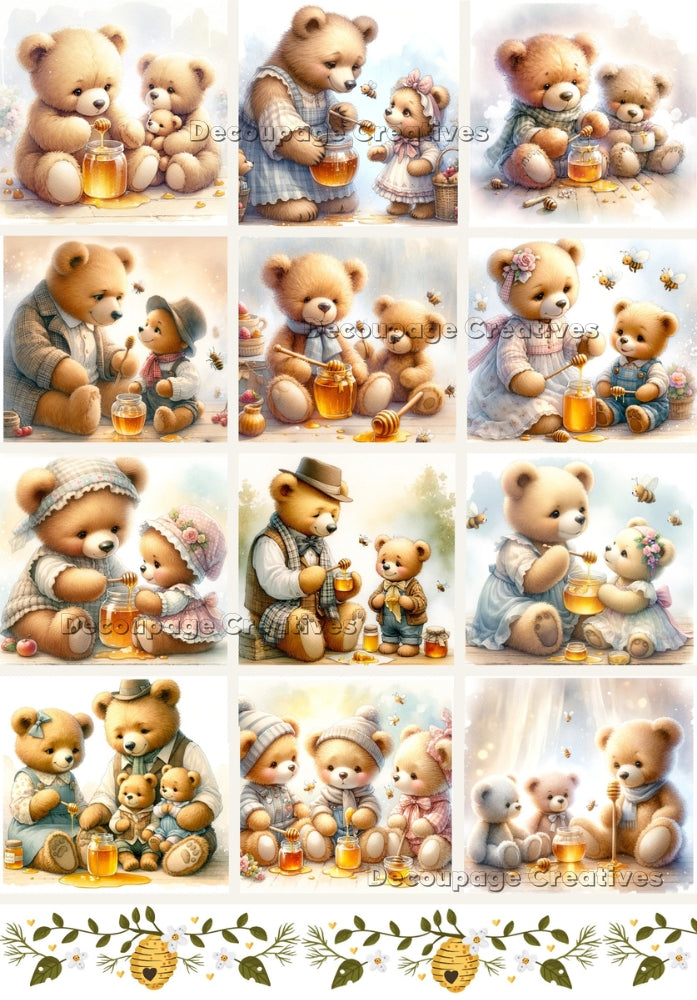 stuffed bears in vintage clothes eating honey decoupage paper by Decoupage Creatives
