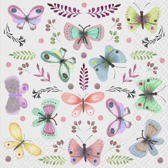 Pink, purple and blue butterflies all over pattern. Decorative paper napkin for Decoupage crafting.