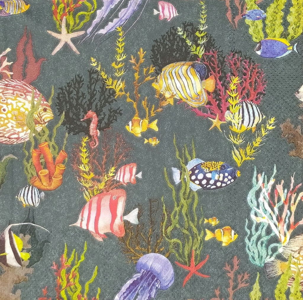 Scene of tropical fish, starfish and colorful coral. Decorative paper napkin for Decoupage crafting.