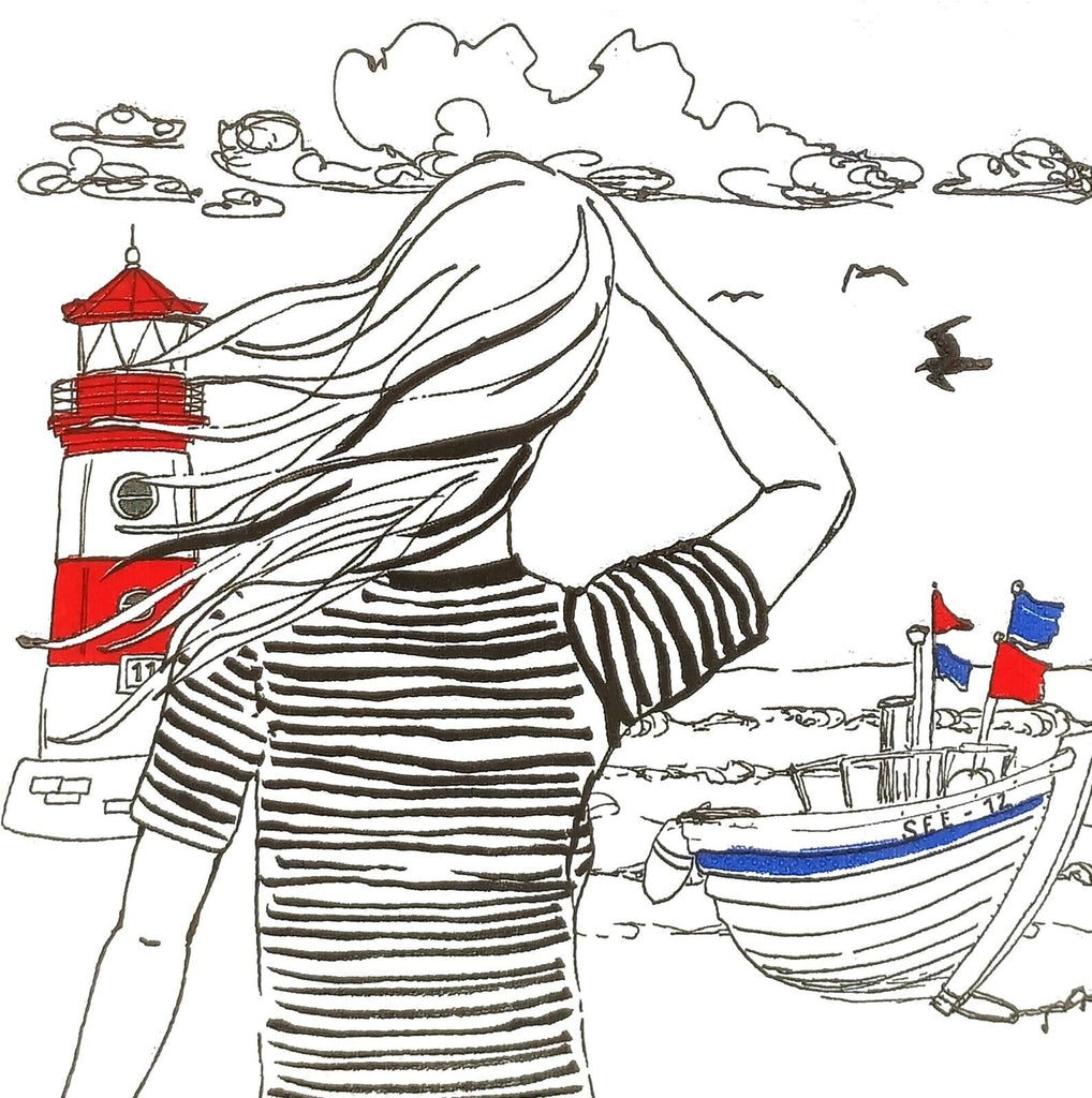 Black white, red and blue sketch of girl by sea with boat and lighthouse. Decorative paper napkin for Decoupage crafting.