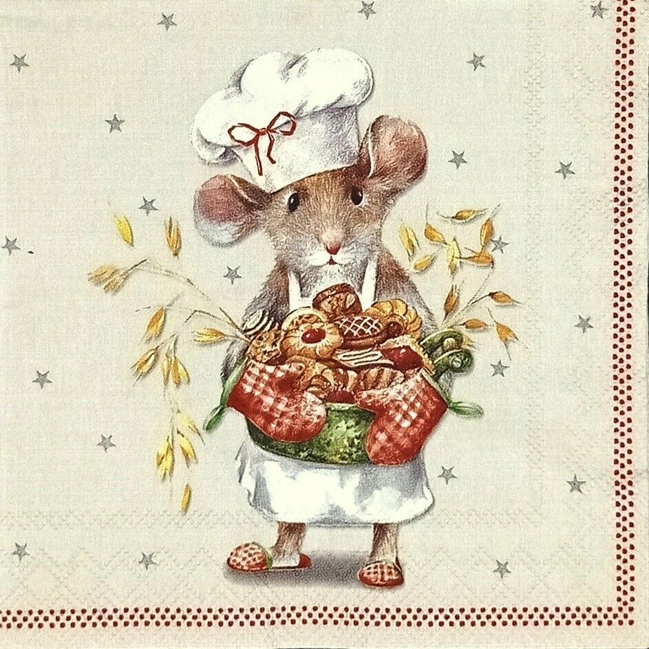 Mouse in bakers hat carrying pastries with red white mittens. Decorative paper napkin for Decoupage crafting.