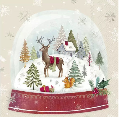 Snow globe with deer an house in tree forest with snow. Decorative paper napkin for Decoupage crafting.