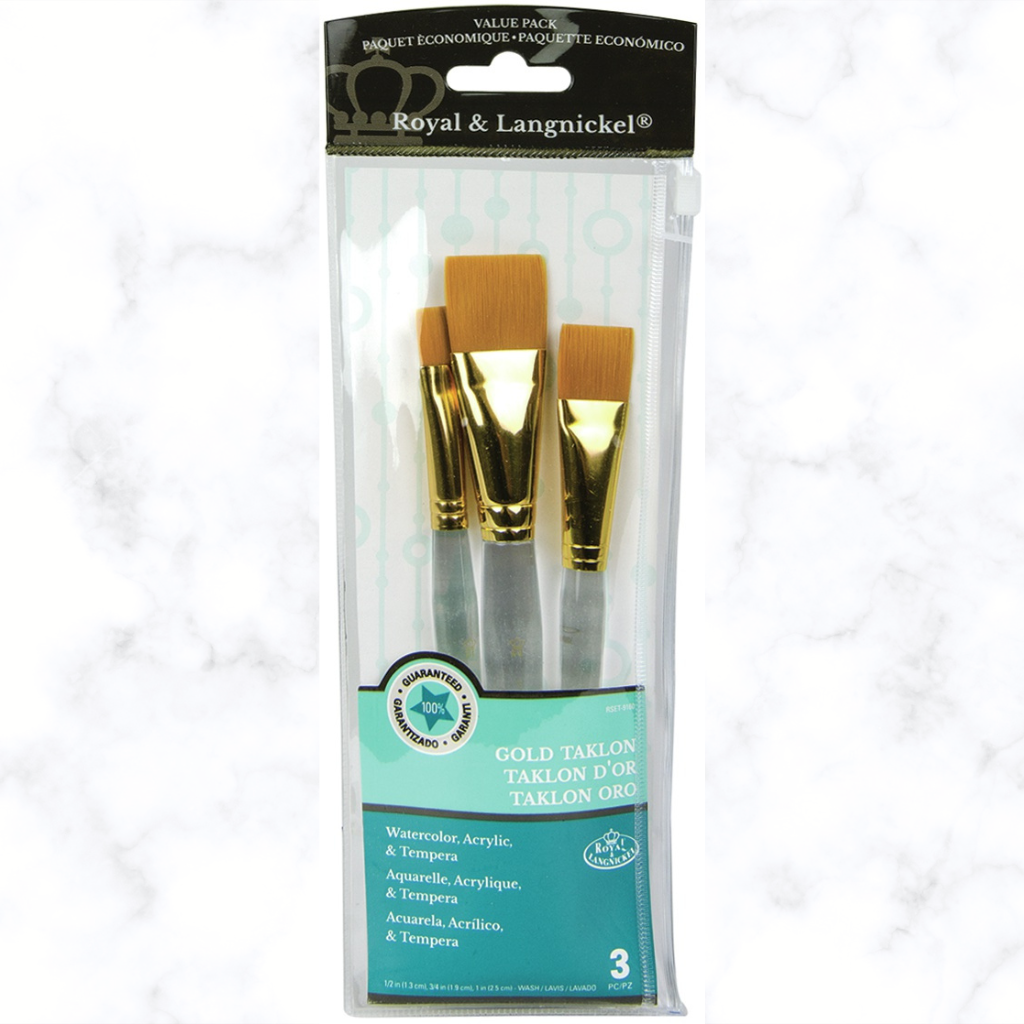Royal & Langnickel® Gold Taklon Brush Set. This versatile pack includes 3 clear handle paintbrushes with a free brush wallet.