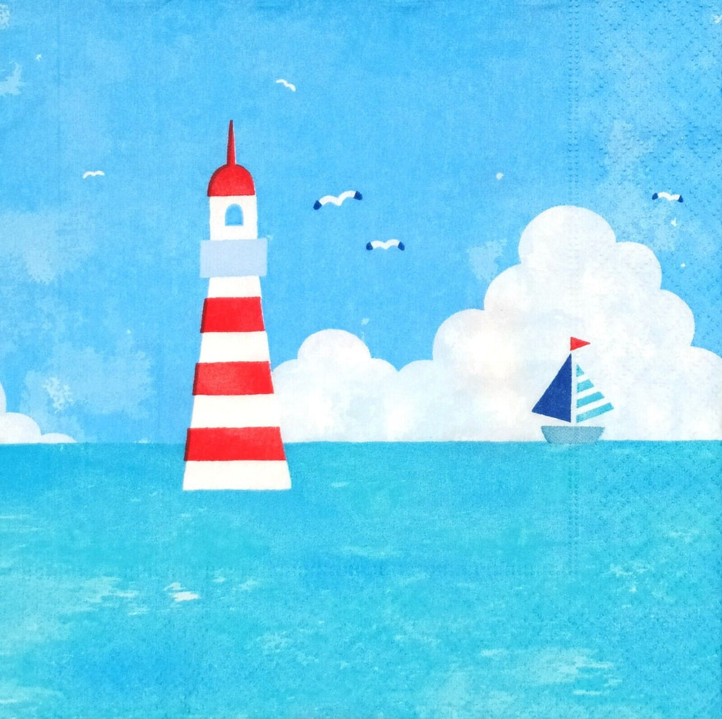 red and white light house with blue sailboat on blue sea  Decoupage Napkins