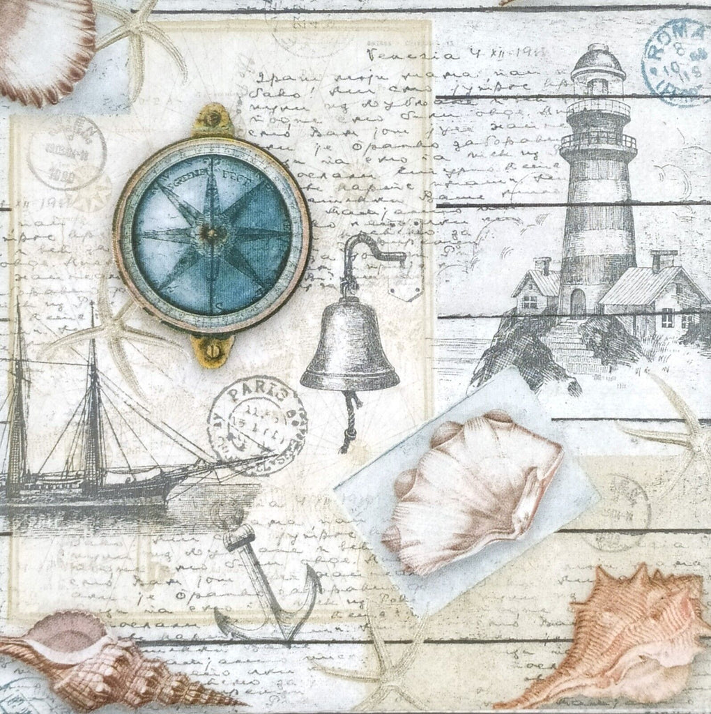 post card style nautical theme with shells compass and light house  Decoupage Napkins