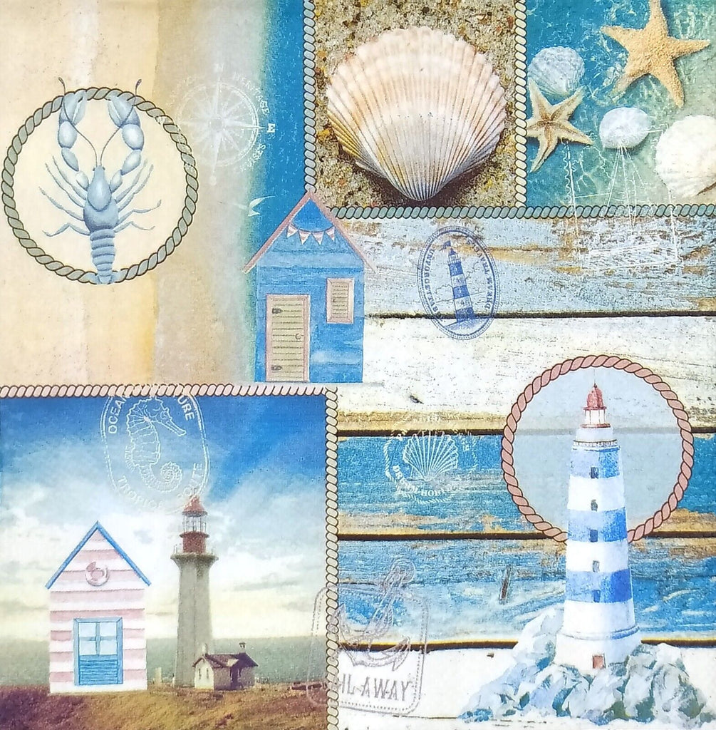 nautical sea shells in white and blue with blue  light houses and lobster  Decoupage Napkins