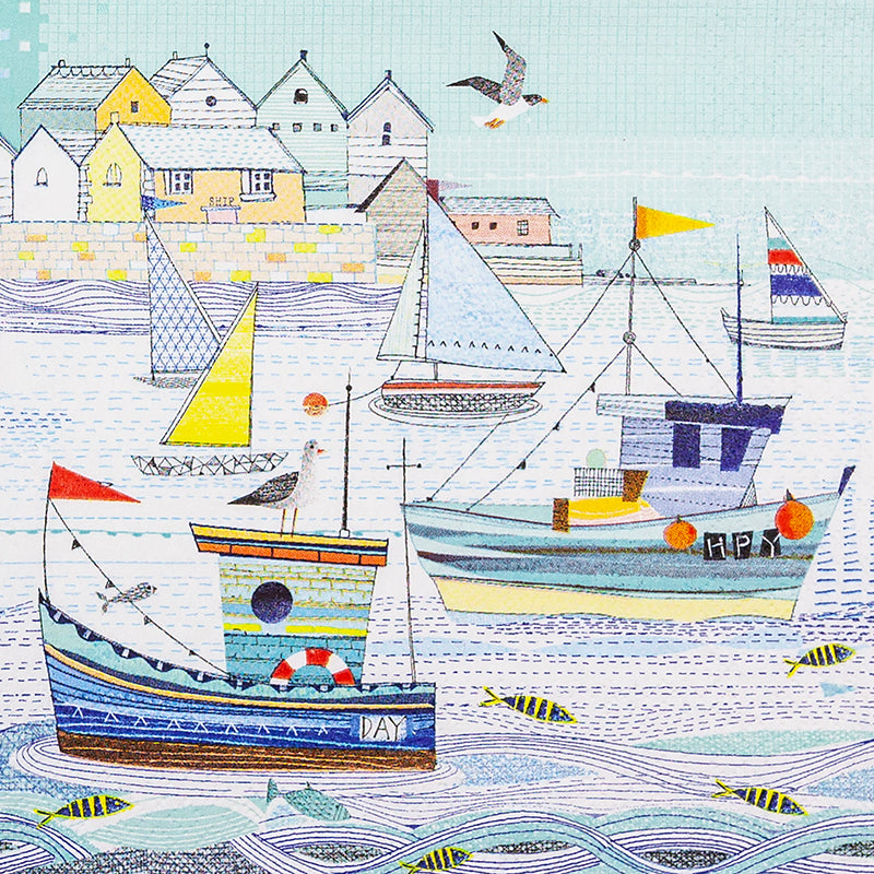 hand sketched sail boats in blue brown and yellow in a bay with birds and fish  Decoupage Napkins