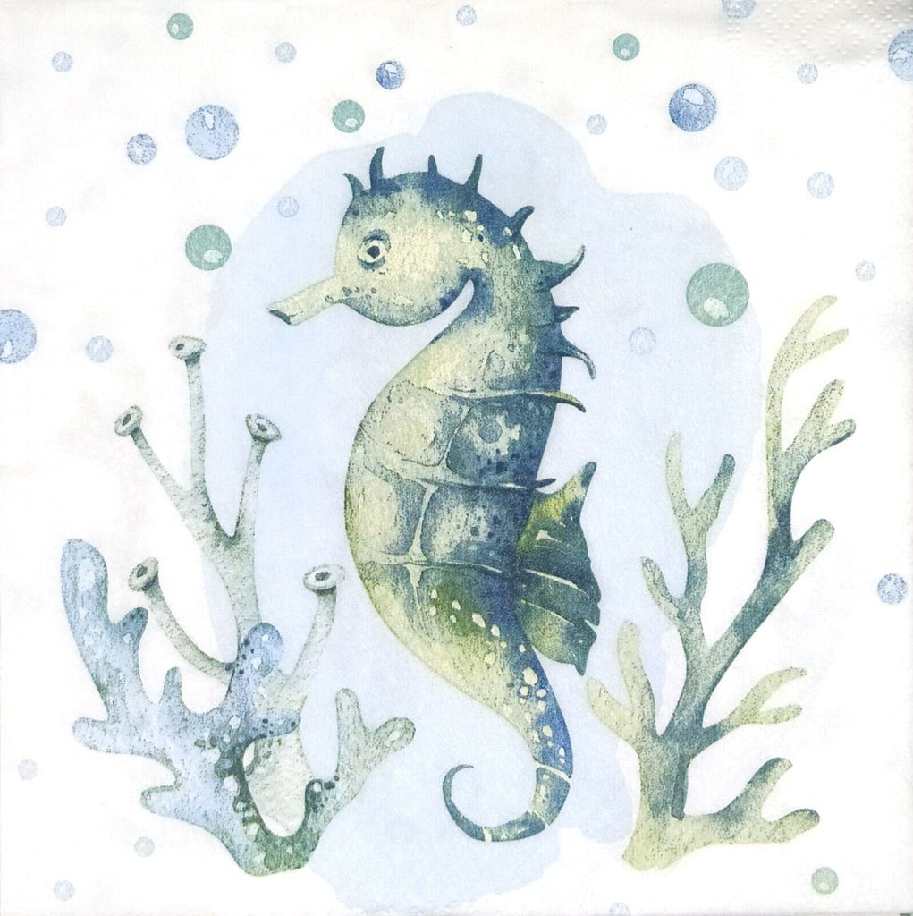 green and blue seahorse with coral and bubbles on white