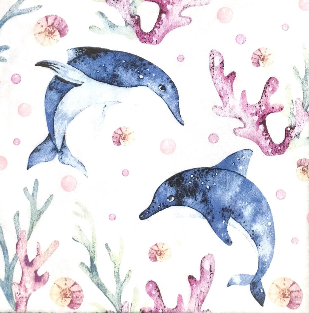 blue dolphins with pink and green coral on white  Decoupage Napkins