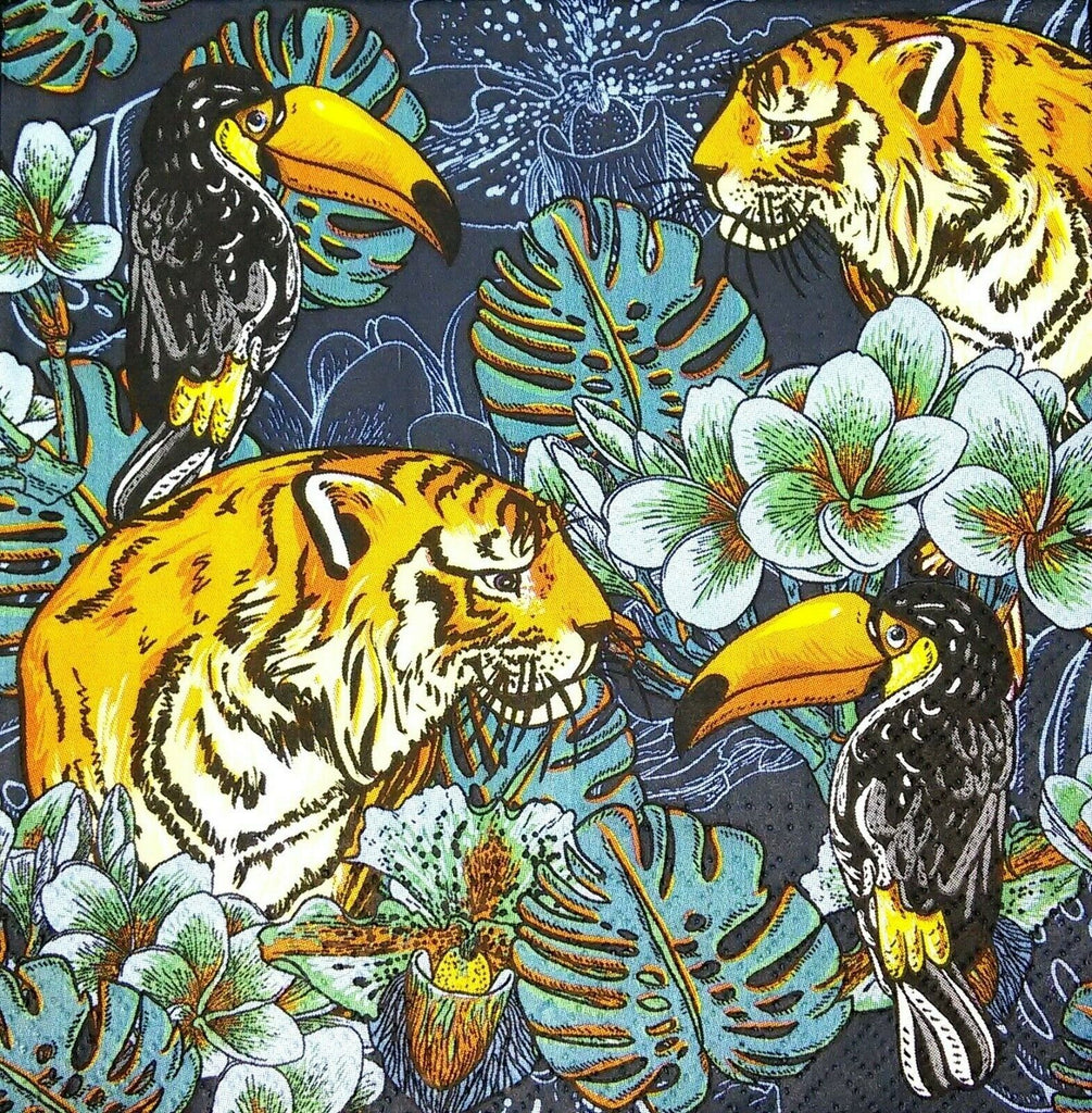 Yellow tigers and black tucans in tropical leaves Decoupage Napkins