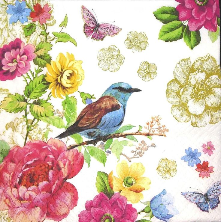 pink, yellow, and blue flowers with blue bird and pink butterfly Decoupage Napkins