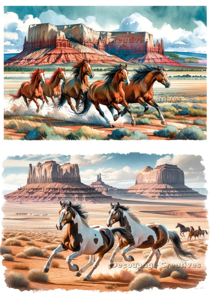 Wild horses running on the red desert decoupage paper by Decoupage