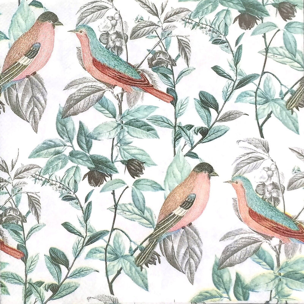 pink and green birds on green leaves and branches Decoupage Napkins