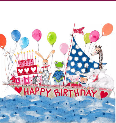 a festive boat with Happy Birthday , cake, yellow rabbit, green frog, elephant and balloons Decoupage Napkins