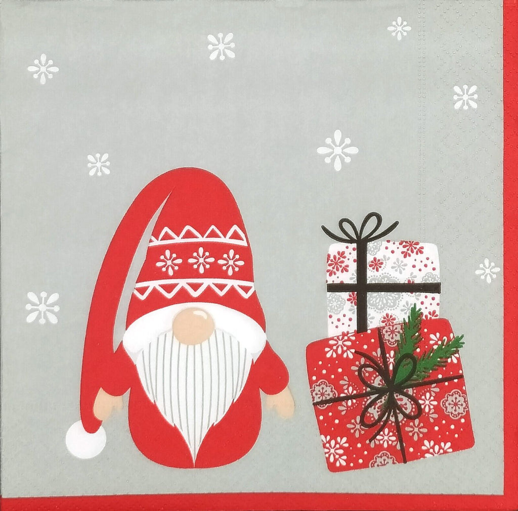 red santa gnome with presents on grey with red trim Decoupage Napkins