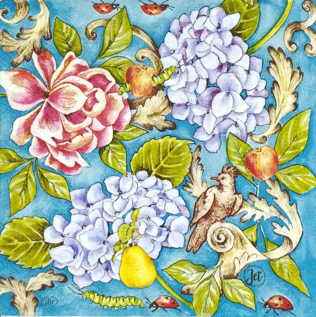 pink, blues and purbple garden flowers with birds and lady bugs Decoupage Napkins