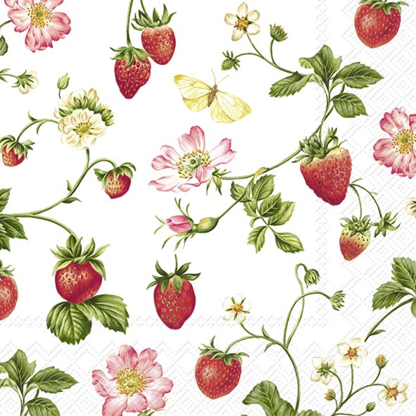 Red strawberries on green vines with pink flowers  Decoupage Napkins