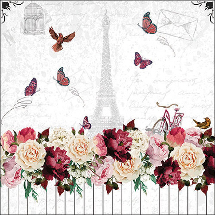 Monochrome Eiffel tower in Paris with colorful foreground of pink and peach flowers on white fence. European Decoupage Craft Paper Napkins.