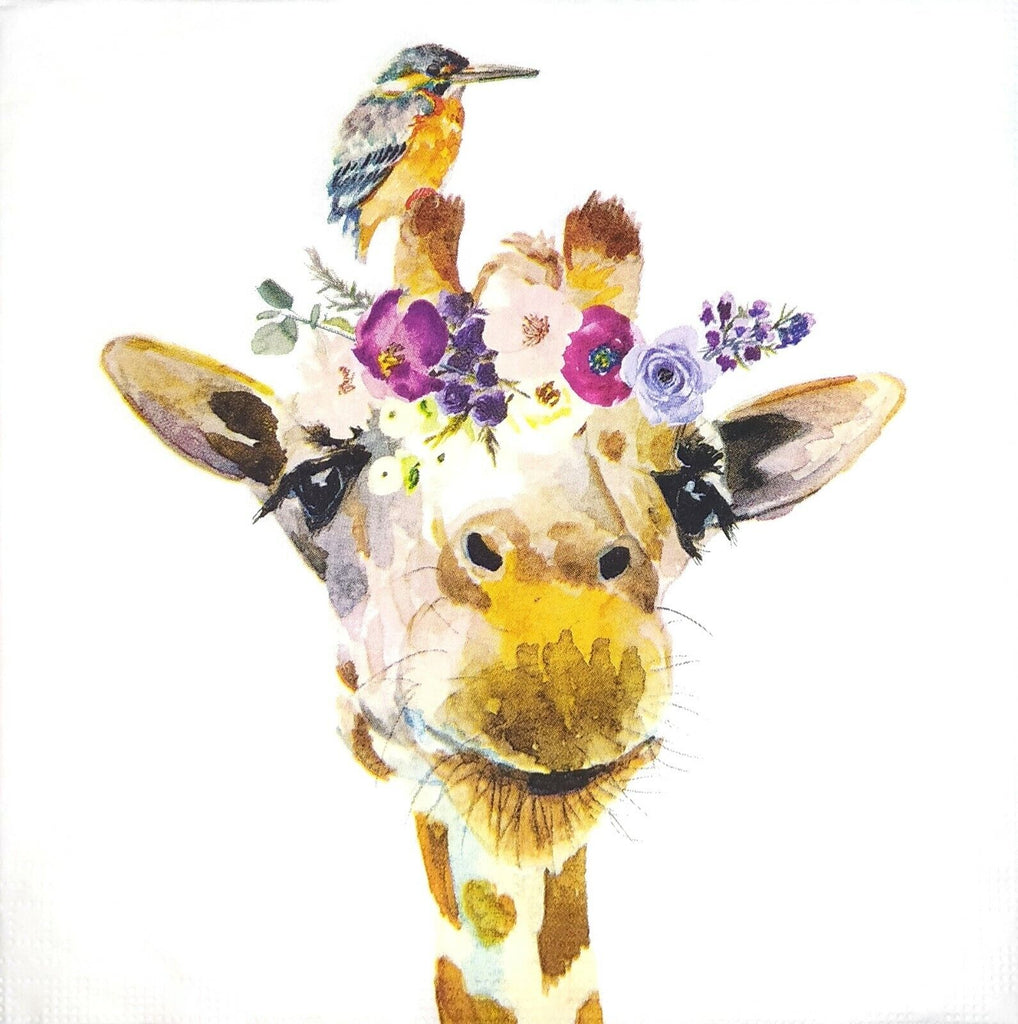 Giraffe face with pink and purple flowers on face and bird on head. European Decoupage Craft Paper Napkins.