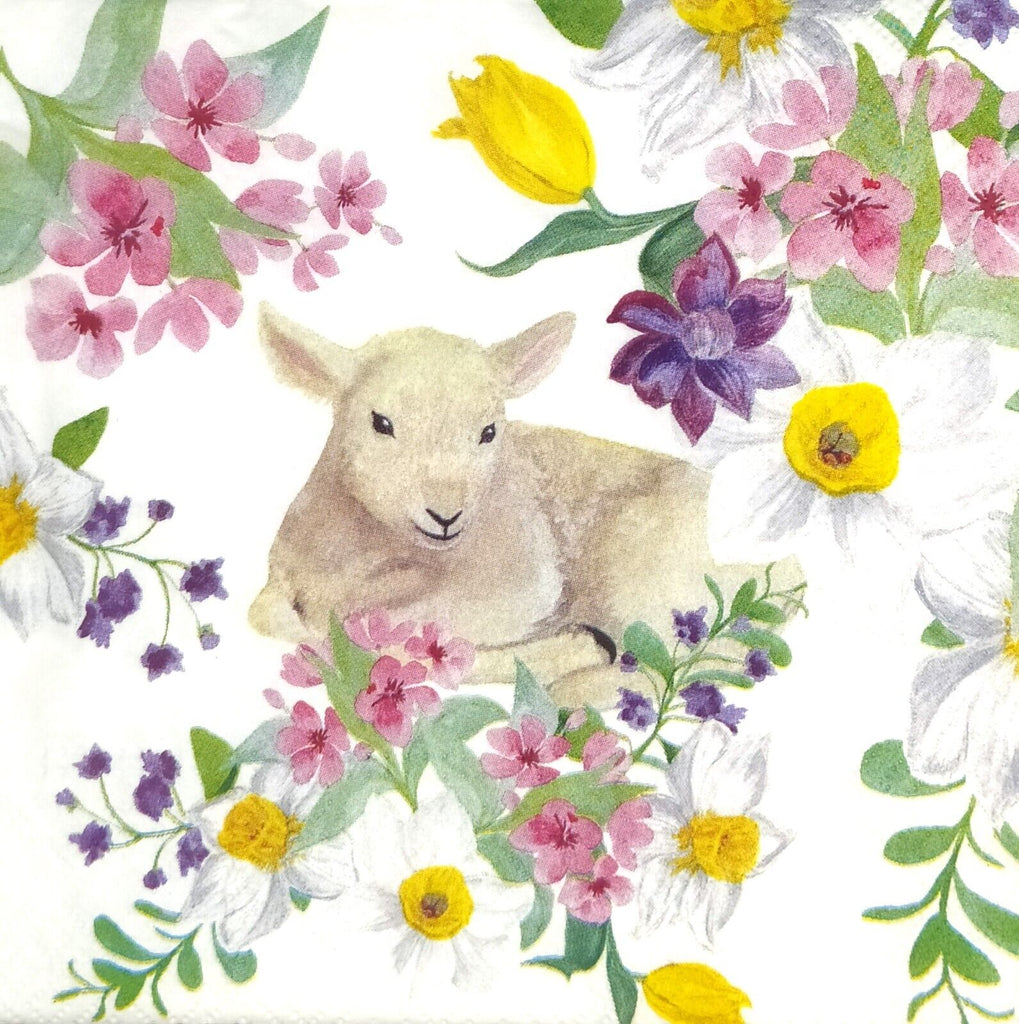 Resting lamb surrounded by yellow, pink and purple flowers. European Decoupage Craft Paper Napkins.