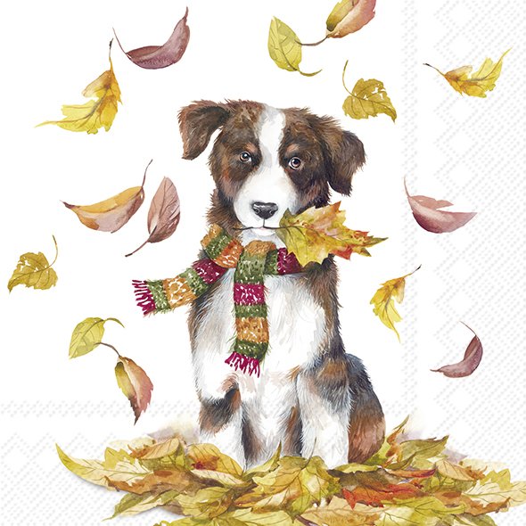 Brown and white dog in Fall leaves wearing red, green and gold scarf. European Decoupage Craft Paper Napkins.