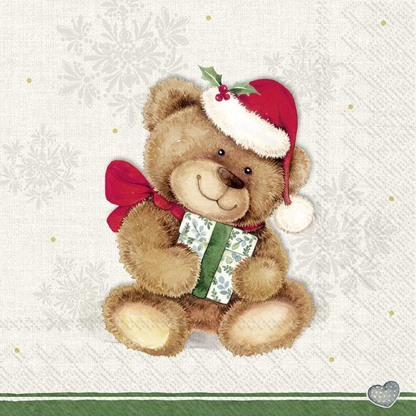 Teddy bear with green present in red Santa hat. European Decoupage Craft Paper Napkins.