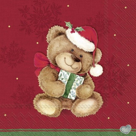 Teddy bear holding green present on red background. European Decoupage Craft Paper Napkins.