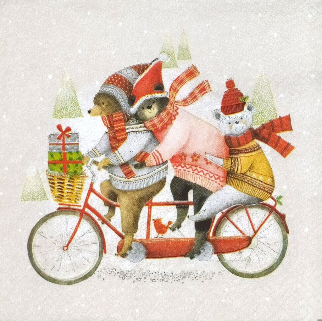 Three bears in winter scarves and sweaters on red bike. European Decoupage Craft Paper Napkins.